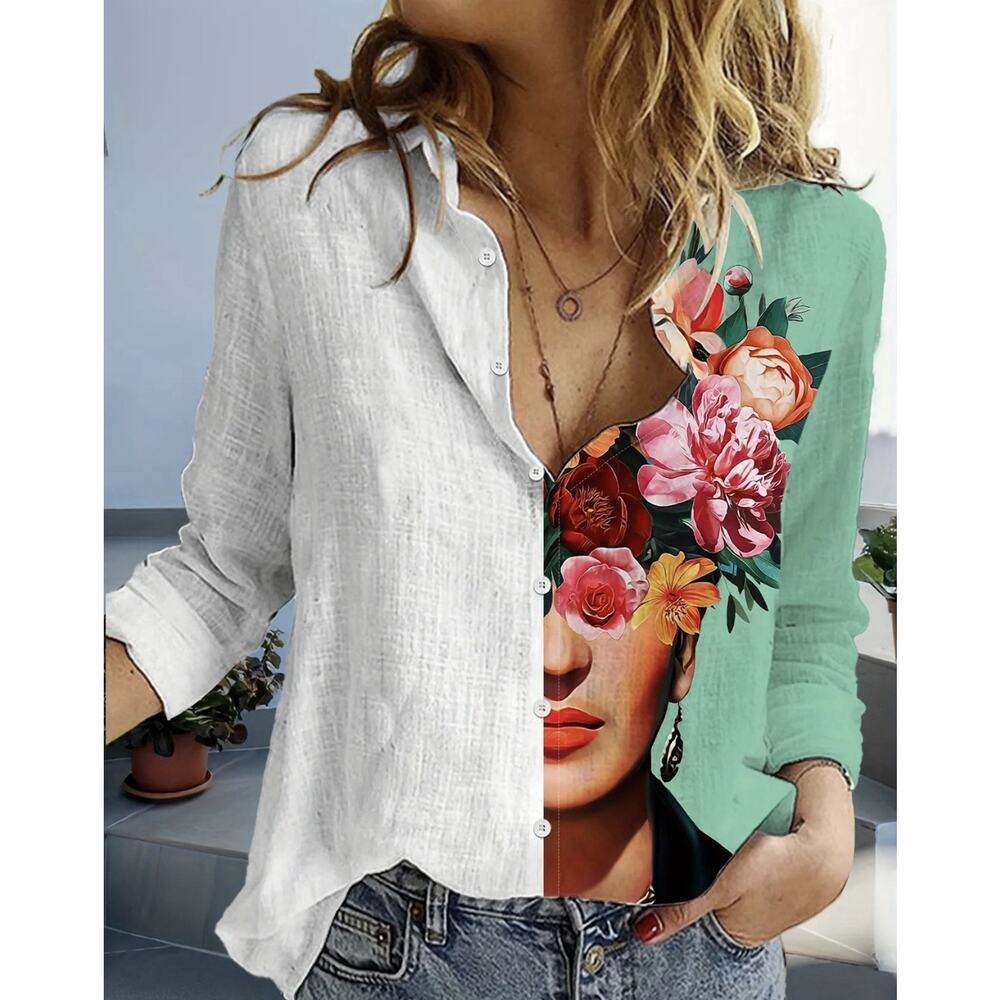 NEW Frida Kahlo Button Down Shirt Green Floral Lightweight Blouse Double-Sided